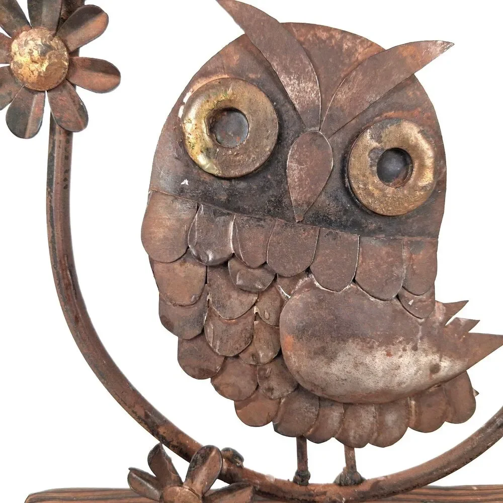 Mid Century Modern Metal Owl on Wood Base Candle Holder Sculpture Brutalist 9